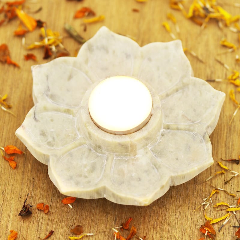 Novica Handmade Floral Flame Soapstone Tealight Holder Bed Bath