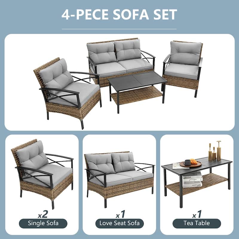 4-Piece Outdoor Patio Rattan Furniture Set, Thick Cushions&Side Table - 1 Table+2 Single chairs+1 Loveseat