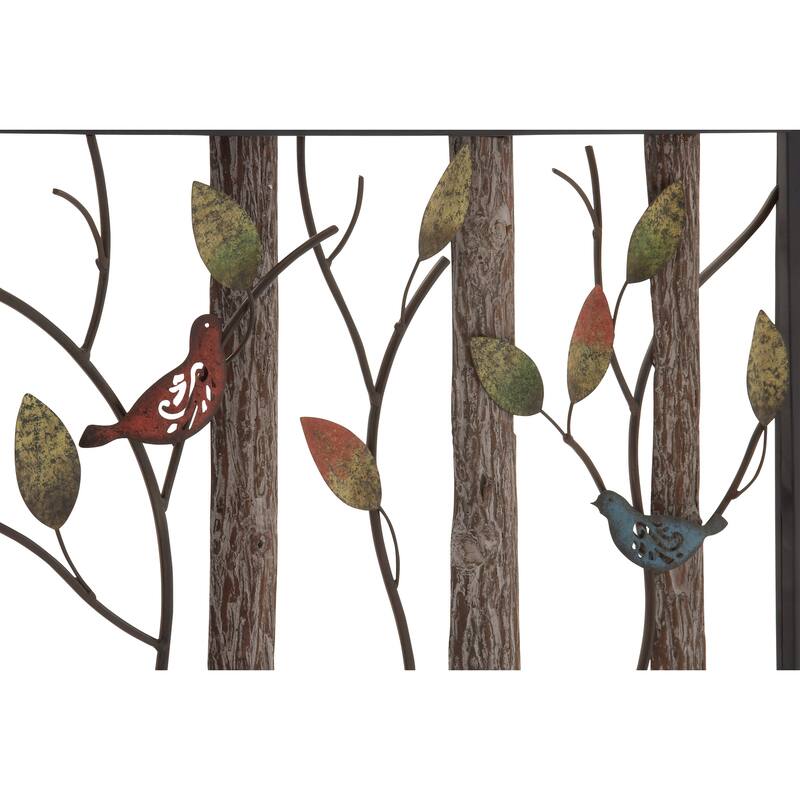 Black Metal Bird Wall Decor with Tree Branches and Colorful Leaves