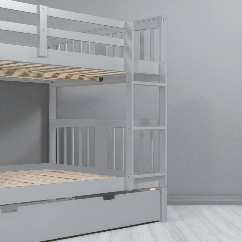 Full over Full Bunk Bed with Twin Trundle and Ladder, Convertible Wooden Frame with Guardrails and No Box Spring Needed