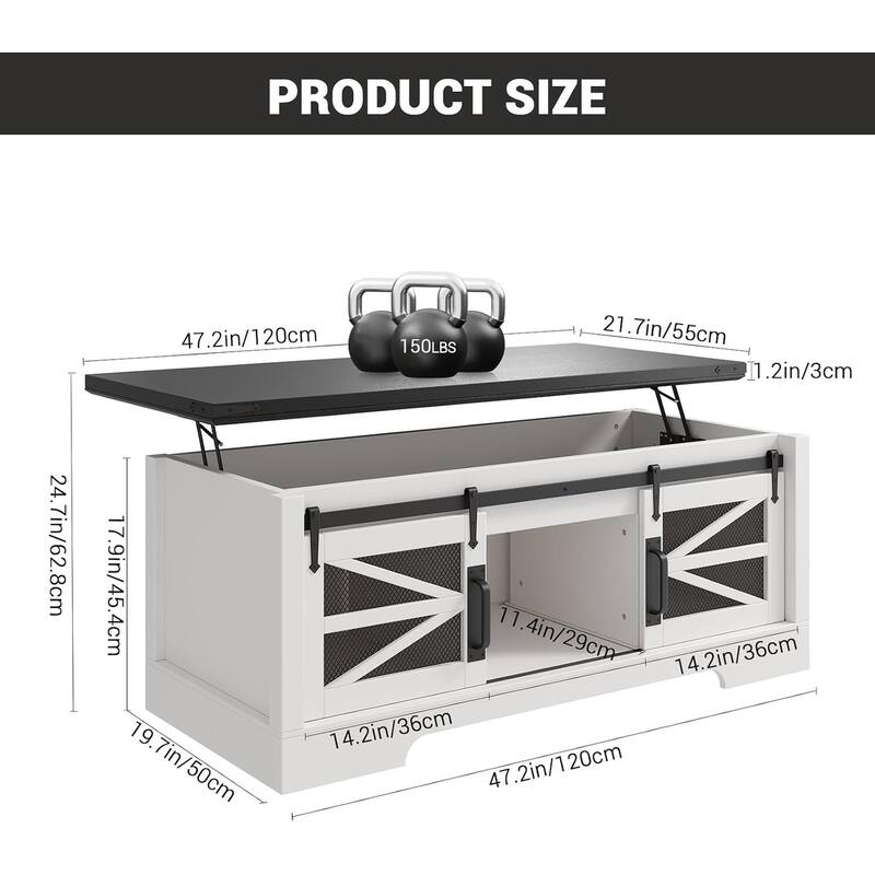 Lift Top Coffee Table Farmhouse Rustic Dining Table Hidden Storage - 47.2*21.7*24.7in