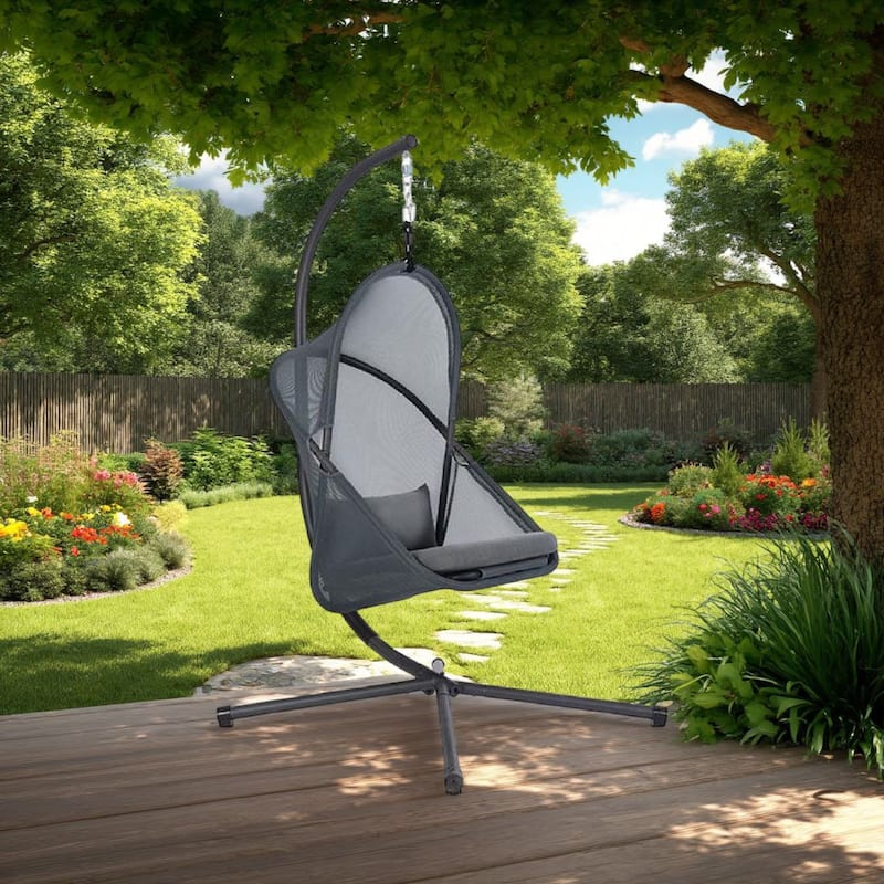 Cery Outdoor Hanging Swing Chair, Cushioned Dark Gray Mesh