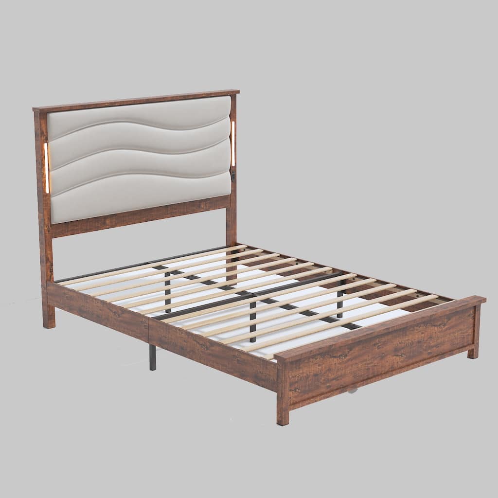 Modern Queen/King Platform Bed Frame with Linen Headboard, USB & Type-C Ports, and Adjustable LED Lights