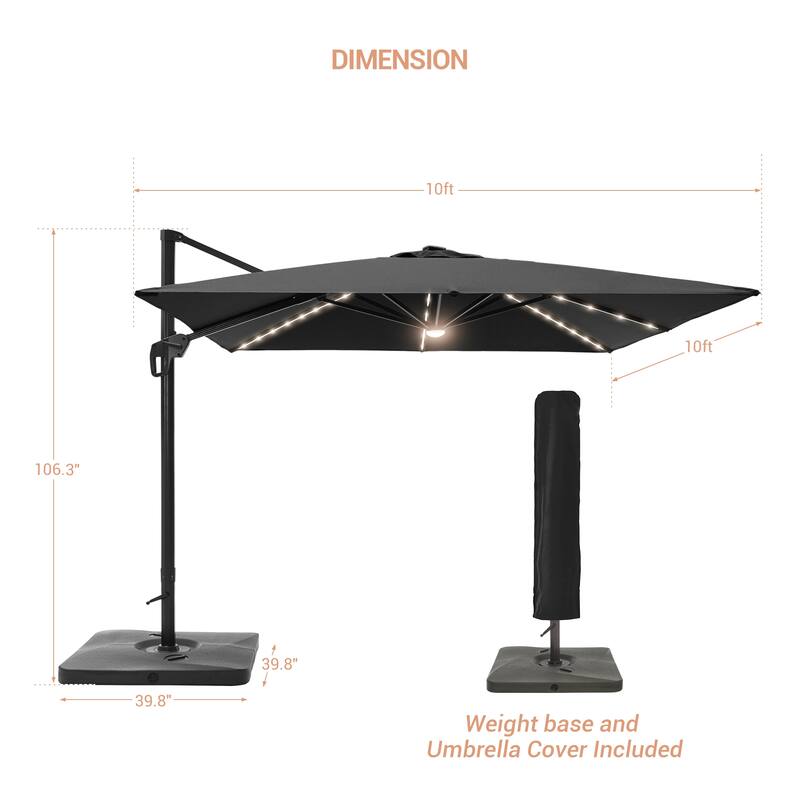 LIVOOSUN Patio10x10FT LED Aluminum Cantilever Umbrella Solution-Dyed Fabric w/Base
