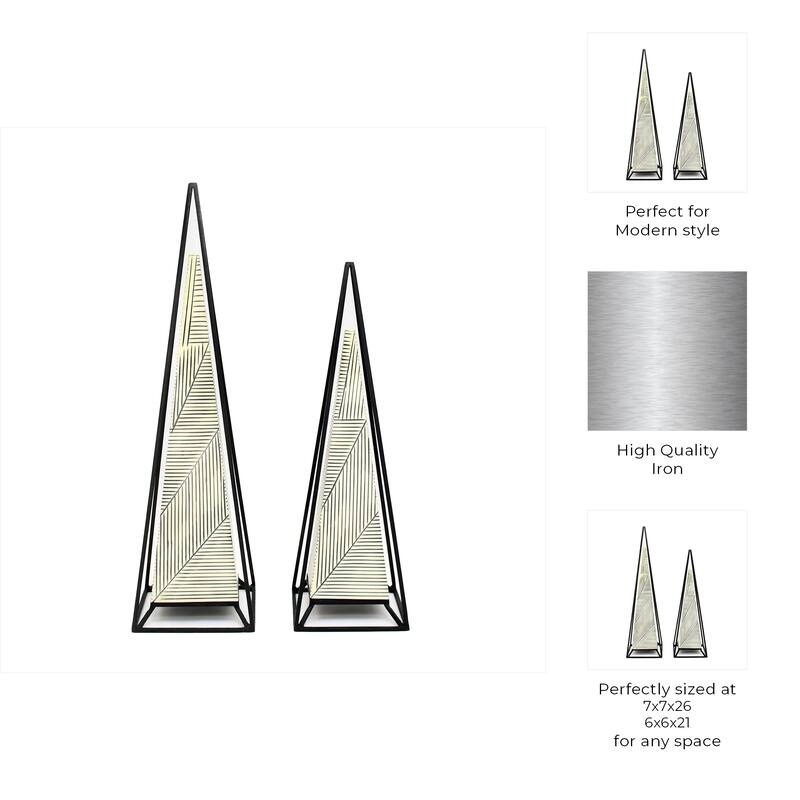 Iron Wood Pyramid Sculpture Geometric Design (Set of 2) - 26/21" Multi - 7" x 7" x 26"