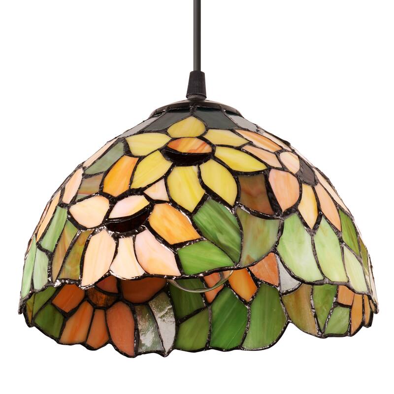 Mademoiselle River of Goods Black Metal and Stained Glass 10-Inch Pendant Light with Adjustable Hanging Cord - 10" x 10" x 72"