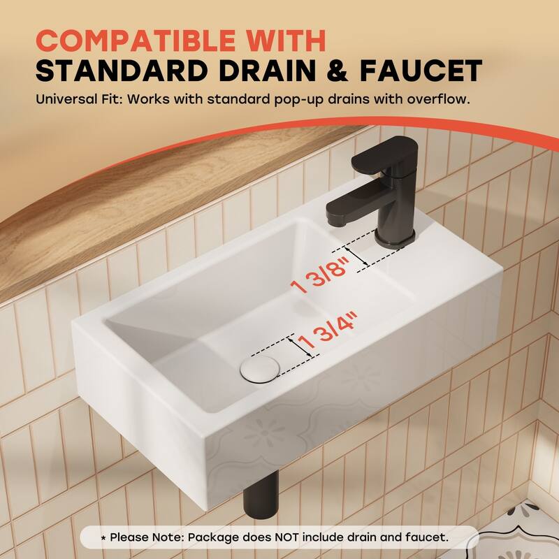 HOROW Right Hand White Ceramic Wall-Mounted Rectangle Vessel Sink Porcelain - N/A