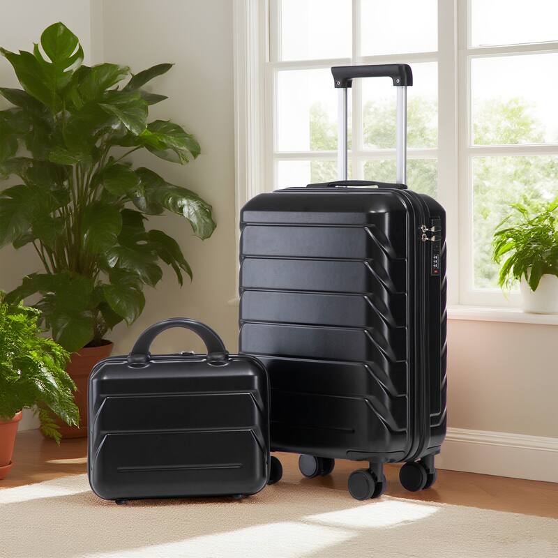 14"/20" 2-Piece, Modern Luggage Sets with Makeup Case, Spinner Wheel and Combination Lock, for Boarding Travel, Black
