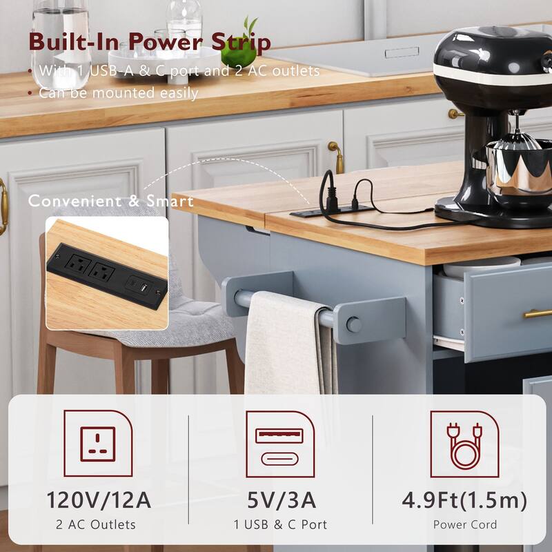 59.3" Kitchen Island with 2 Pull Out Cabinet Organizers & Drop Leaf, Trash Can Storage, Power Outlet, Spice & Towel Rack