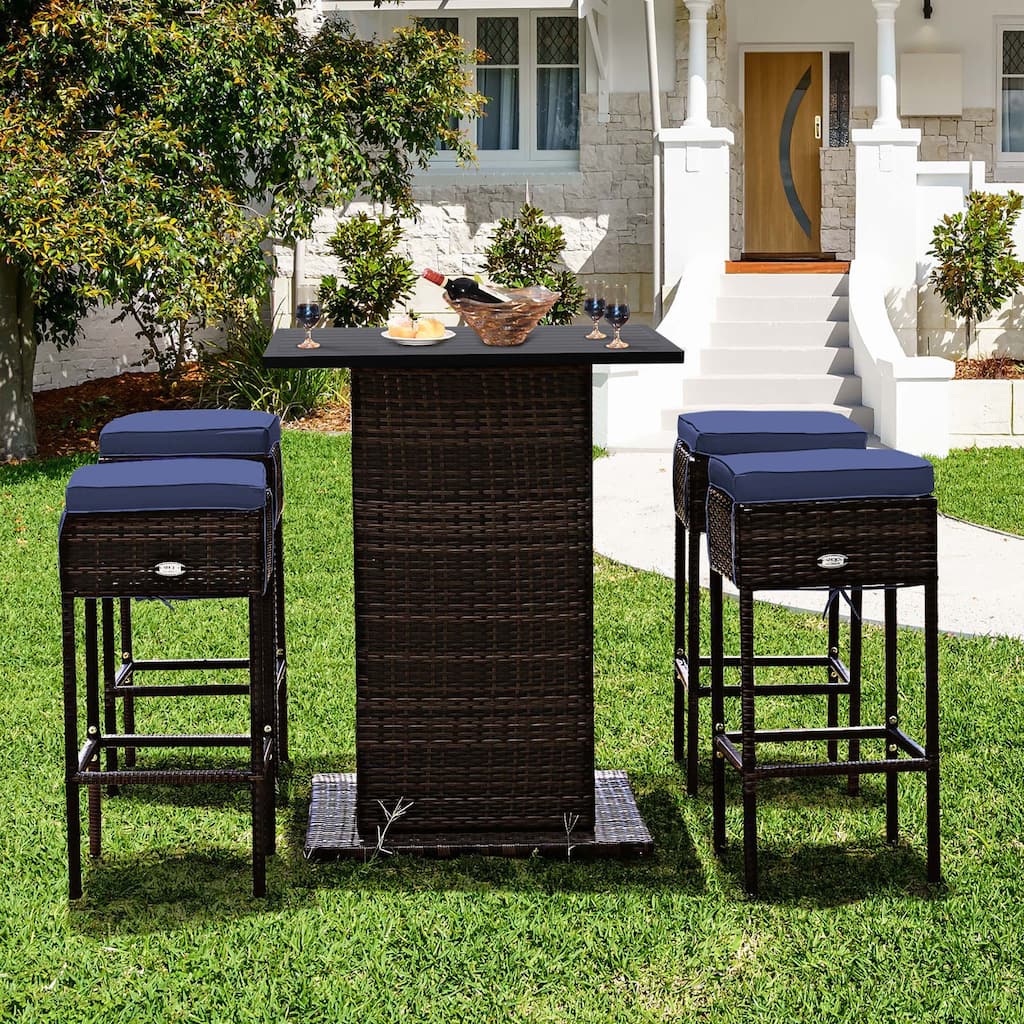 Costway 5PCS Patio Rattan Bar Table Stool Set Hidden Storage Shelf