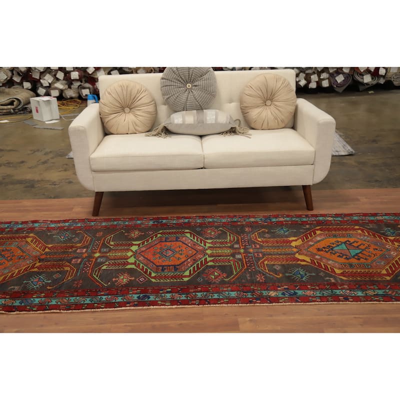 Hand Knotted Oriental 100% Wool Carpet Traditional Tribal Greys & Charcoal Ardebil Runner Rug - 11' 2'' X 3' 3''