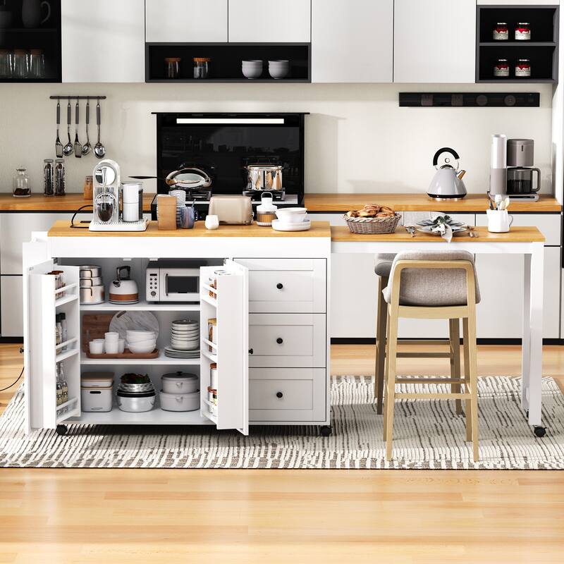 74.8" Kitchen Island with Extendable Dining Table, Kitchen Storage Cart with 3 Drawers, Power Outlet