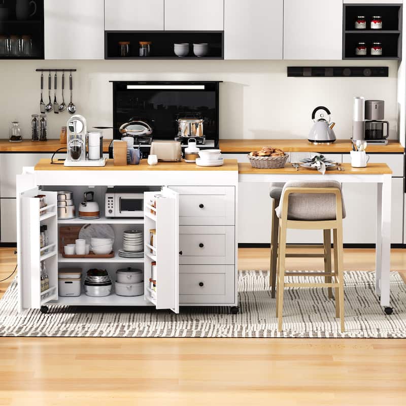 Multi-Functional 74.8" Kitchen Island with Extendable Table – 3 Drawers, Power Outlet & Mobile Design‌
