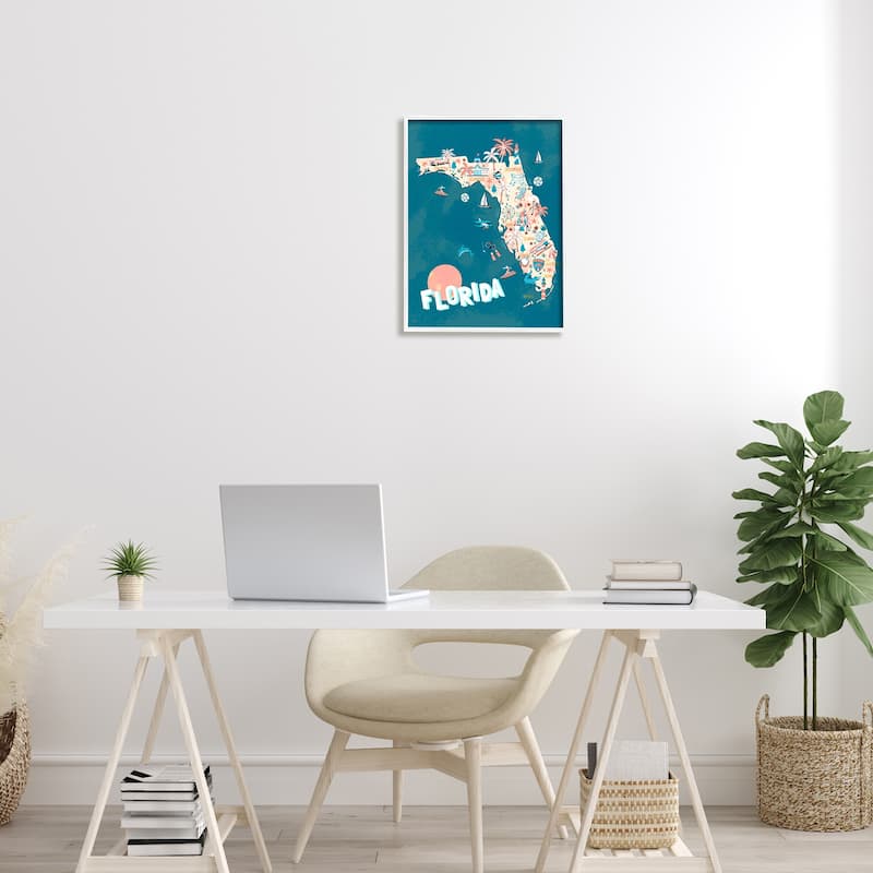 Stupell Florida Sunny State Retro Vacation Tourism Vivid Map Framed Wall Art, Design by Ziwei Li - Blue