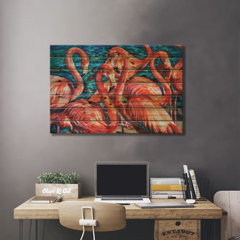 Flamingo Gossip Print On Wood by Linda Olsen - Multi-Color