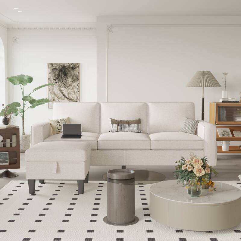 77.95" Linen Fabric Sectional Sofa with Storage Ottoman and USB Pocket