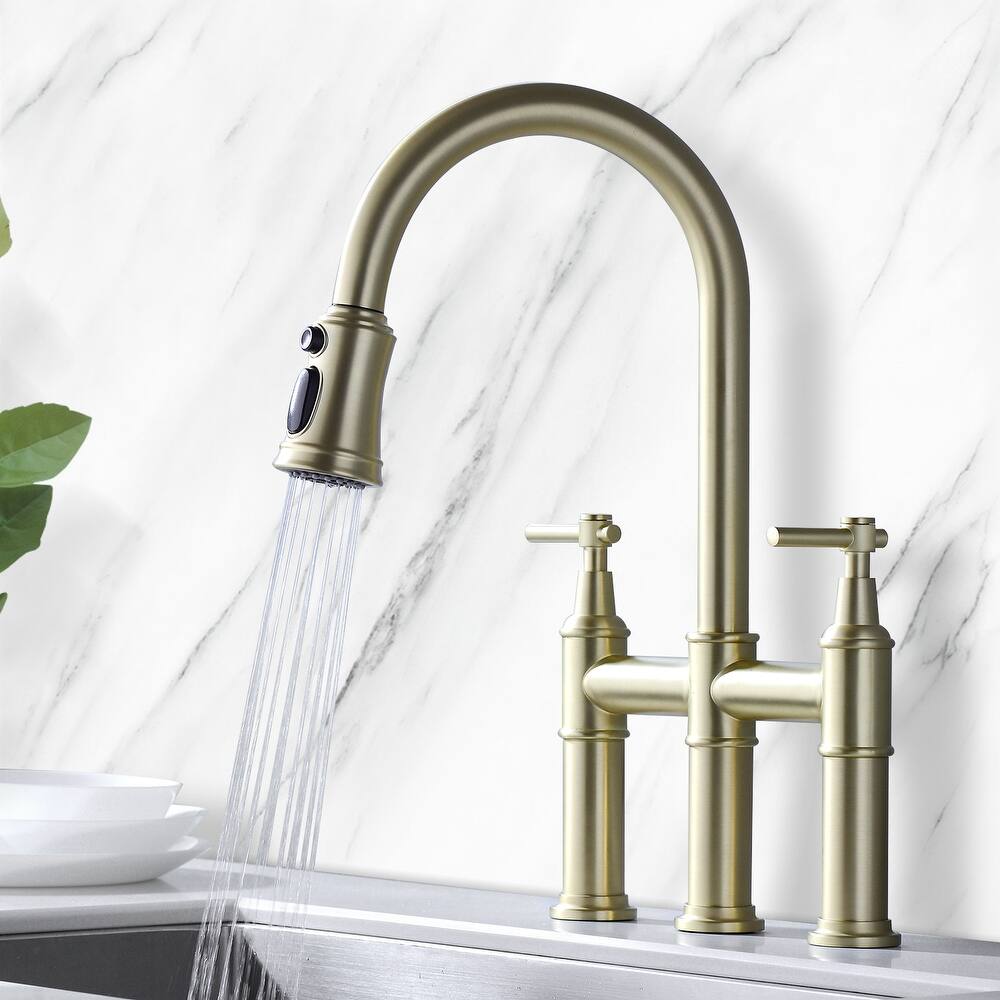 Transitional Bridge Kitchen Faucet with Pull-Down Sprayhead, Double Handle Kitchen Sink Faucet