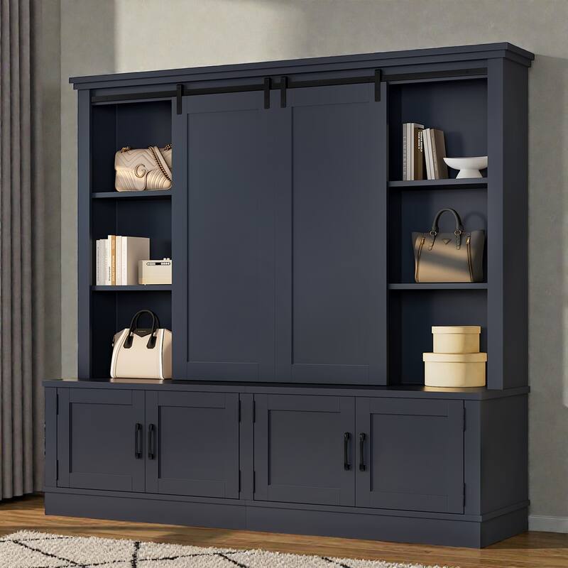 70.8 in Entryway Hall Cabinet with Sliding Barn Door, Multi-Tier Storage Shelves, 12 Compartments, Modern Mudroom Organizer