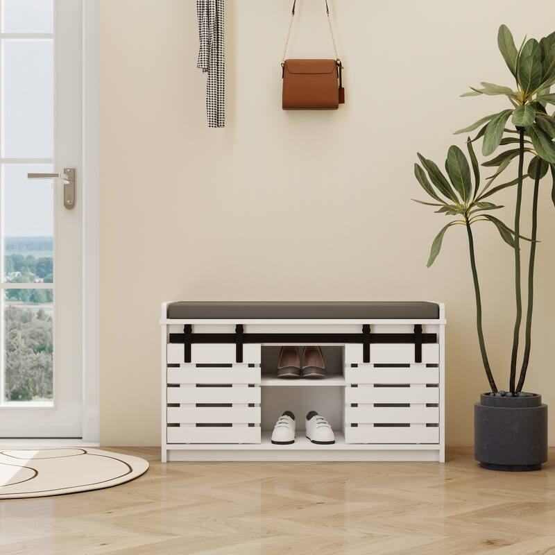 Modern Shoe Storage Bench, 2-Tier Entryway Bench with 2 Sliding Barn Doors & Full Soft Removable Seat Cushion