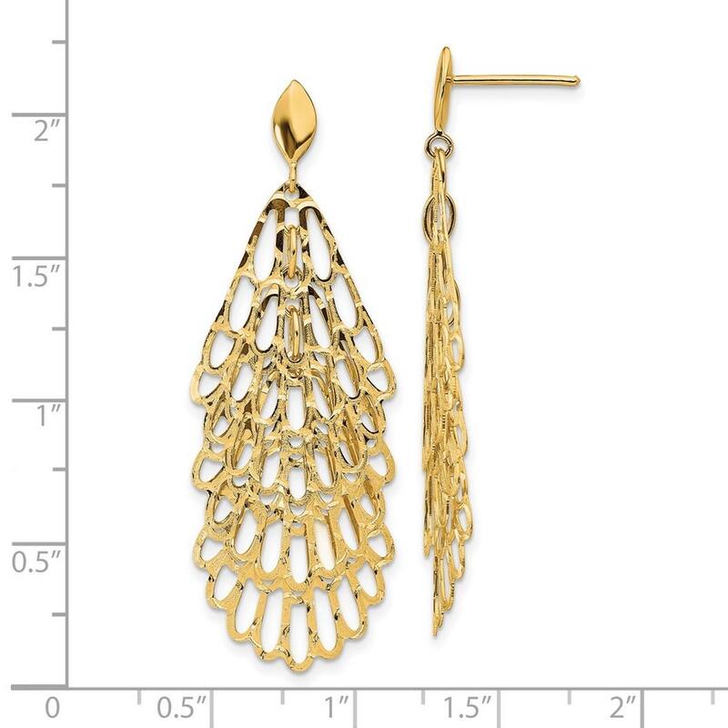 Curata 14k Yellow Gold Polished and Textured Post Long Drop Dangle Earrings 51.4x18.05mm