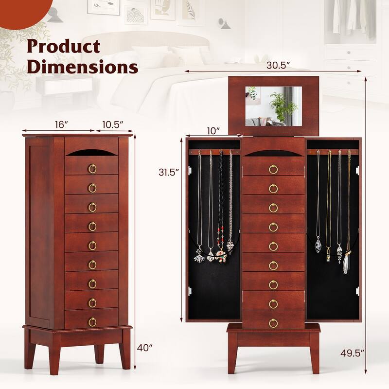 Gymax Jewelry Cabinet Armoire Wood Storage Box Chest Stand Organizer - 10.5'' X15.8''X 40''