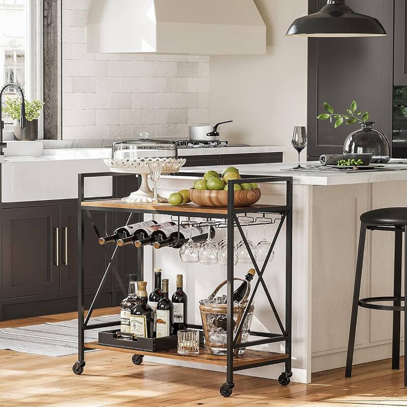 Bar Serving Cart with Glass Stemware Rack and Wine Bottle Holders