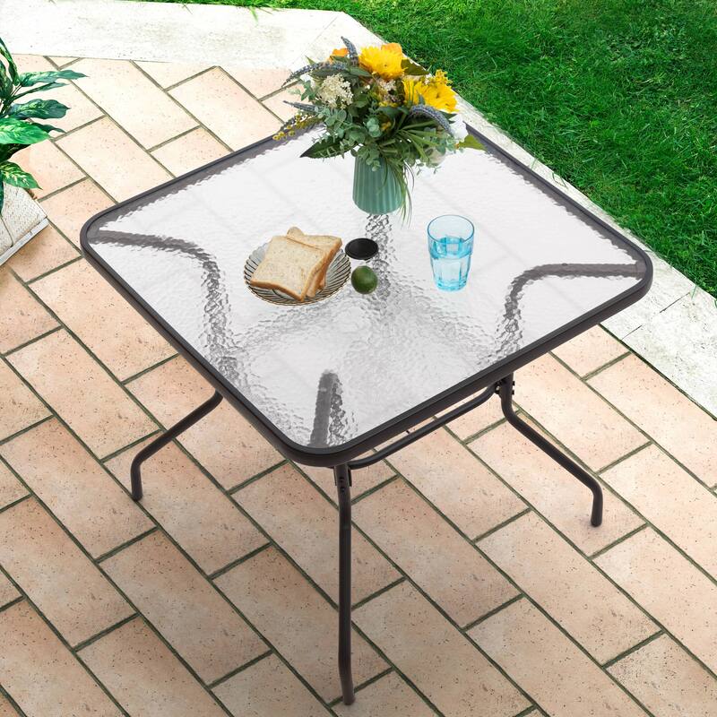 Square Metal Outdoor Dining Table with Umbrella Hole and Tempered Glass Tabletop, Black
