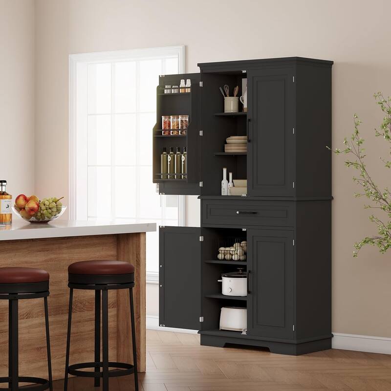 72in Kitchen Storage Pantry Cabinet for Dining Room,Adjustable Shelves - Black