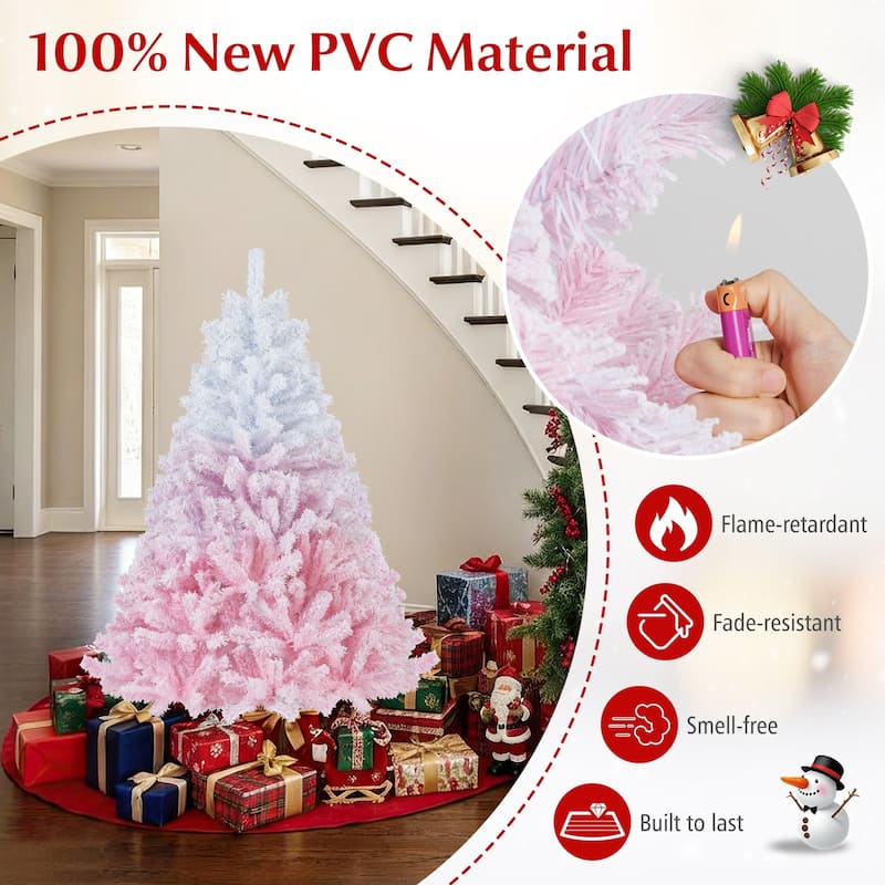 Gymax Artificial Christmas Tree Hinged Snow Flocked Xmas Tree w/ Lush - Pink, White
