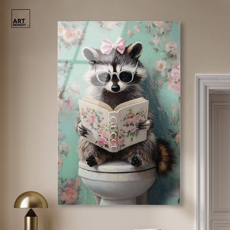 Petite Floral Toilet Raccoon Acrylic by Art Remedy, Ready to Hang