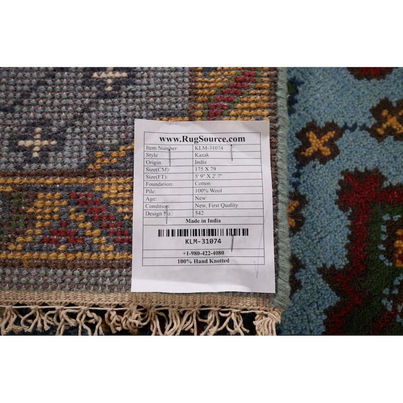 Blue Geometric Kazak Oriental Foyer Rug Handmade Wool Carpet - 2'7"x 5'9"
