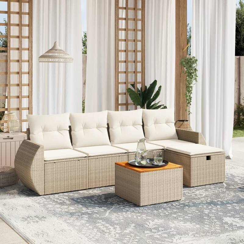 vidaXL Patio Sofa Set with Cushions Outdoor Furniture 6 Piece Poly Rattan - Beige and cream - 24.6 x 27.6 x 27.2 in