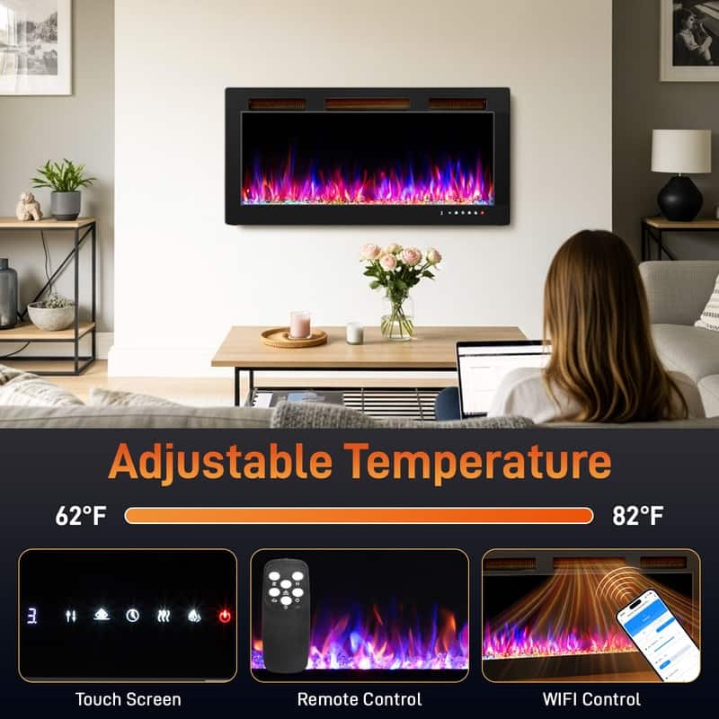 30/36/42/50/60 Inch Wall-Mounted/Built-in Electric Fireplace with WIFI Function and 12 Color Adjustable Flames