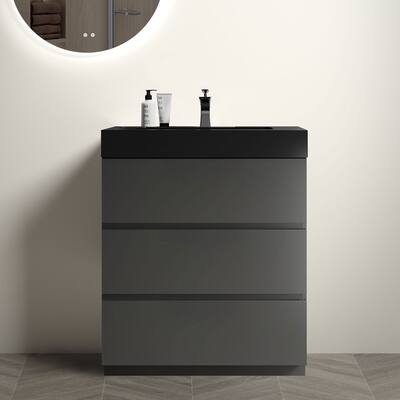 30" Gray Bathroom Vanity with Sink, Large Storage Freestanding,One-Piece Black Sink Basin without Drain and Faucet