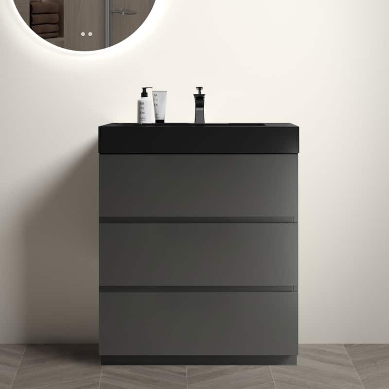 Modern Freestanding Bathroom Vanity with Sink Basin without Drain and Faucet - Black+Grey - 30" W