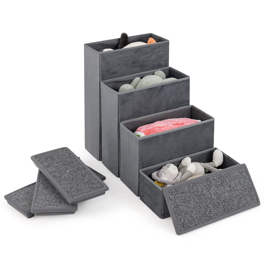 Gray Velvet MDF 4 Step Folding Dog Stairs with Storage and Non-Slip Carpet Steps - 25.5" L x 15" W x 23" H