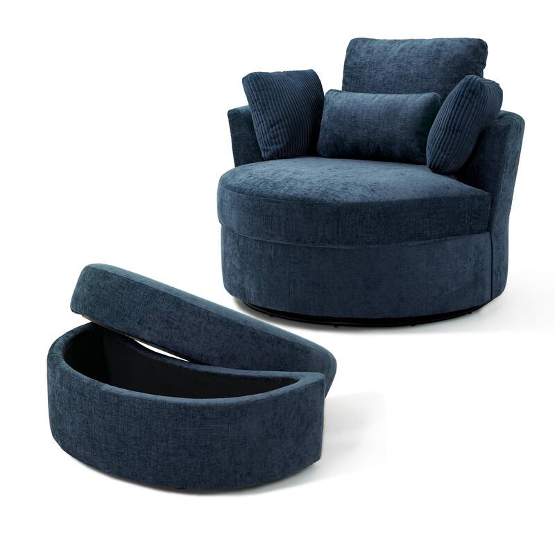 41" W Oversized Accent Barrel Swivel Chair with Moon Storage Ottoman