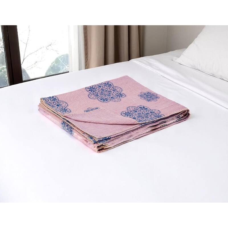 HomeRoots 50" X 70" Black And Blue Ikat Cotton Quilted Kantha Throw Blanket with Embroidery - Blue/Pink