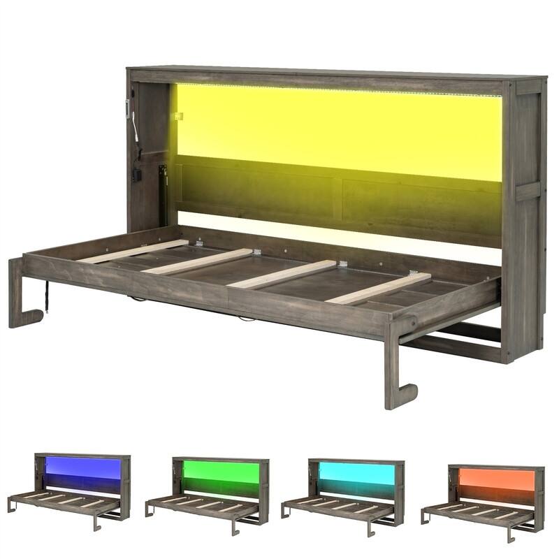 Twin Size Murphy Bed with LED Light, can be Folded into a Cabinet, Solid Wood Murphy Cabinet Bed,Space Saving Design