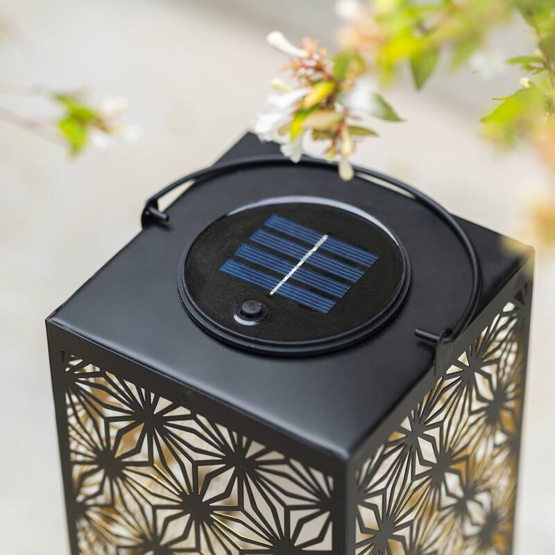Glitzhome 11"H Black Metal Cutout or Square Textured Glass Pattern Solar Powered Hanging Lantern with LED Light