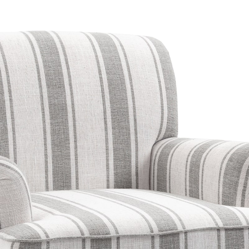 Set of 2 Stripe Linen Accent Arm Chairs with Nailhead Trim and Wood Legs