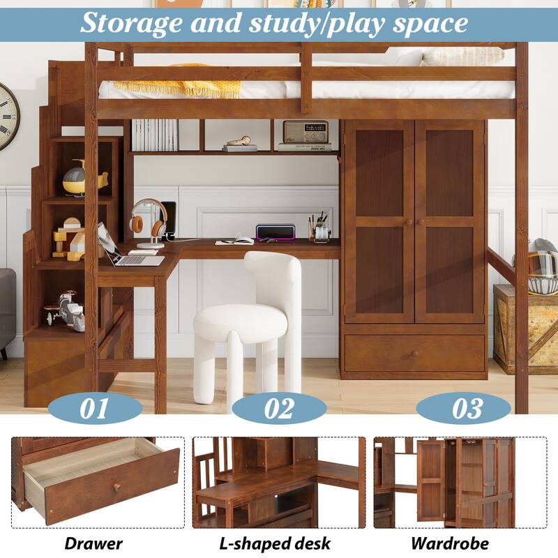 Roomfitters Full Loft Bed with Desk, Bookshelves and Storage Cabinets, Staircase with Shelves, Safety Guardrails, Walnut