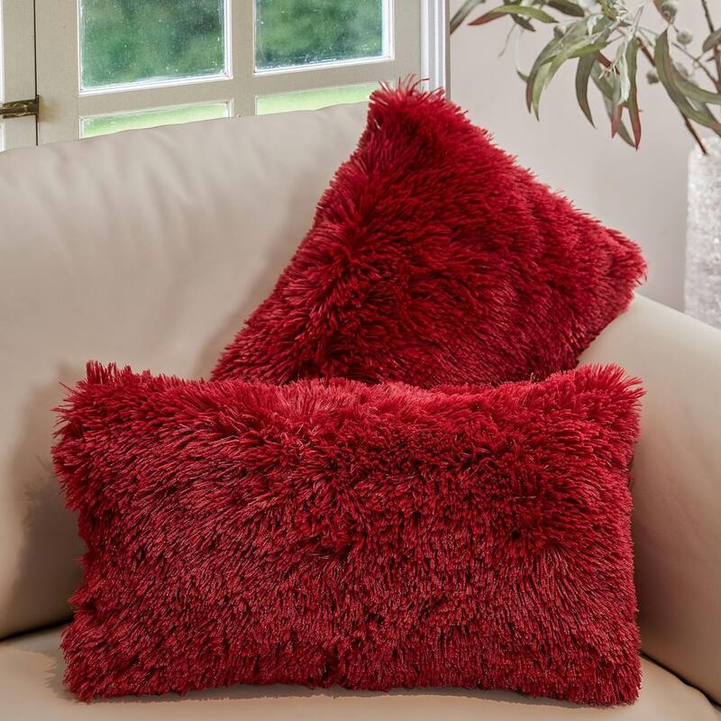 Cheer Collection 12"x20" Shaggy Long-hair Throw Pillows (Set of 2) - Maroon