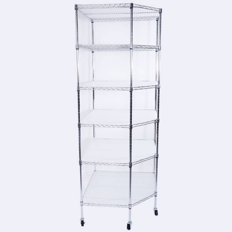 6-Layer Chrome Plated Polygonal Corner Shelf with 2" PP Wheels Silver
