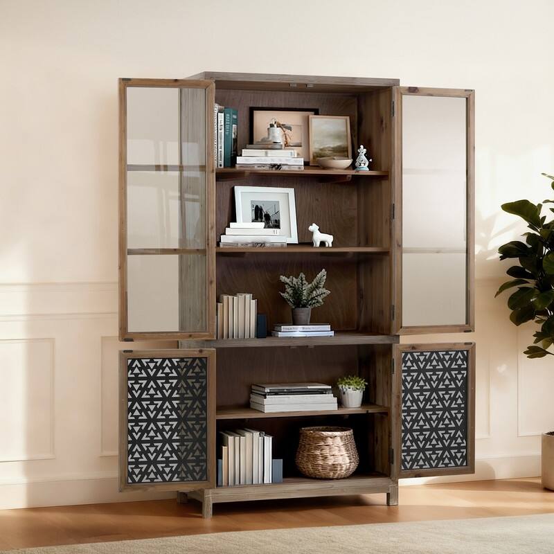 Spruce & Spring Vintage Rustic Solid Wood Tall Display Cabinet, Natural ...