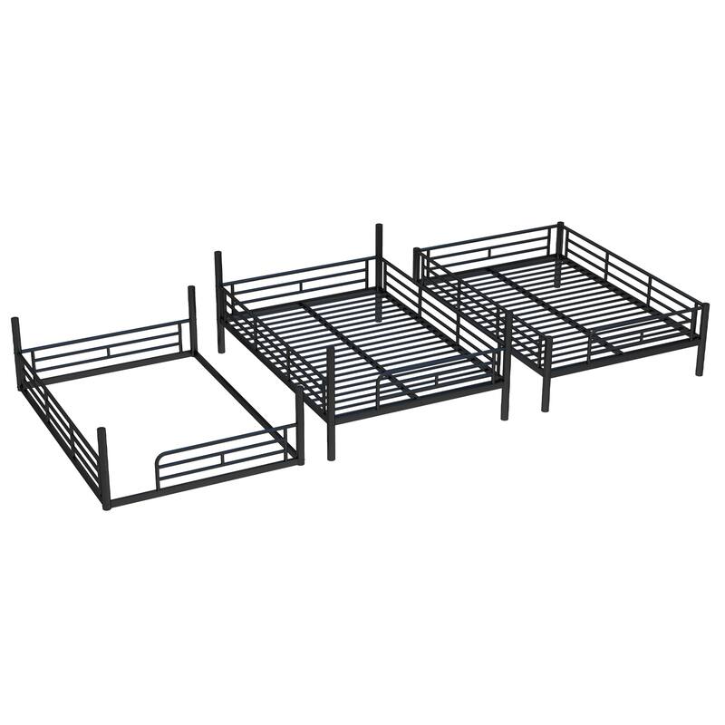 Full over Full over Full Bunk Bed, Metal Triple Bunk Bed with Safety Guardrails, Heavy-duty Bunk Bed with Noise-reduced Design
