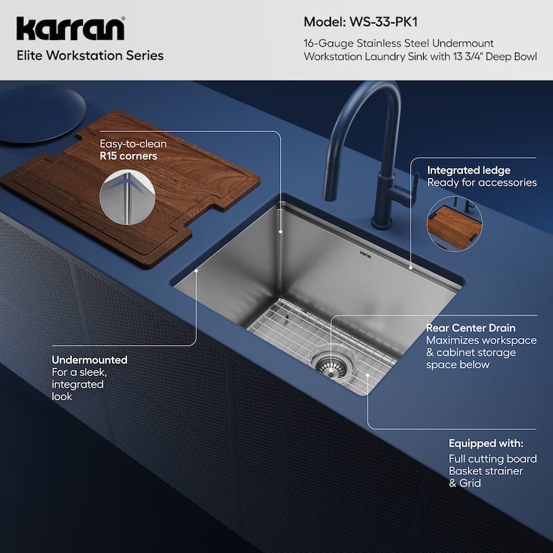 Karran Elite WS-33-PK1 Undermount 23" Single Bowl Stainless Steel Workstation Kitchen Sink with Deeper Bowl