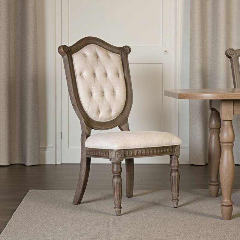 Hama Side Dining Chair Set of 2, Weathered Oak Wood, Tufted Beige Fabric
