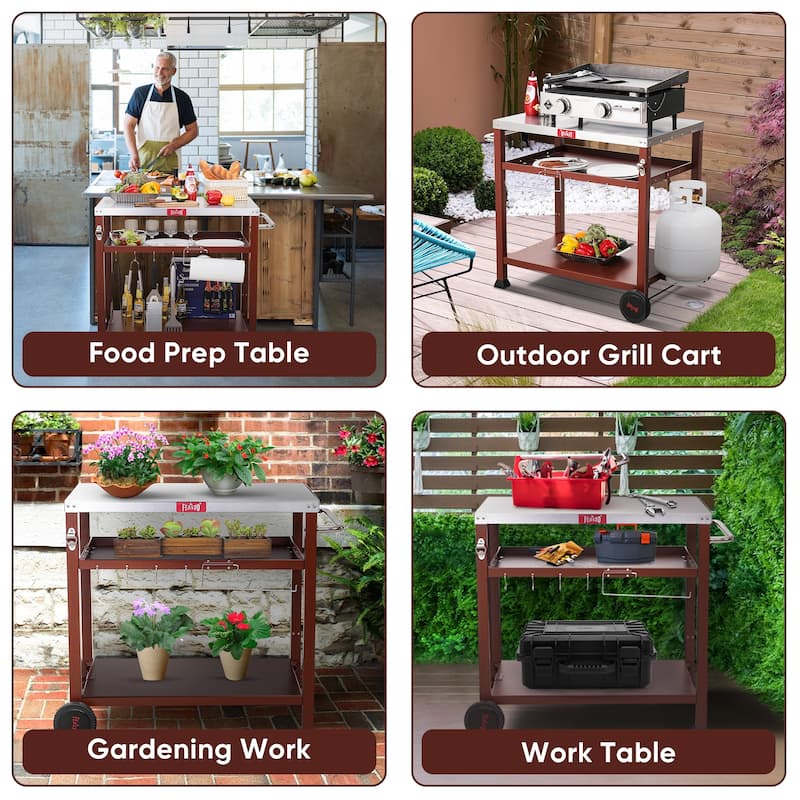 Feasto 734401B 3-Shelf Indoor Outdoor Movable Serving Cart Outdoor Kitchen Station