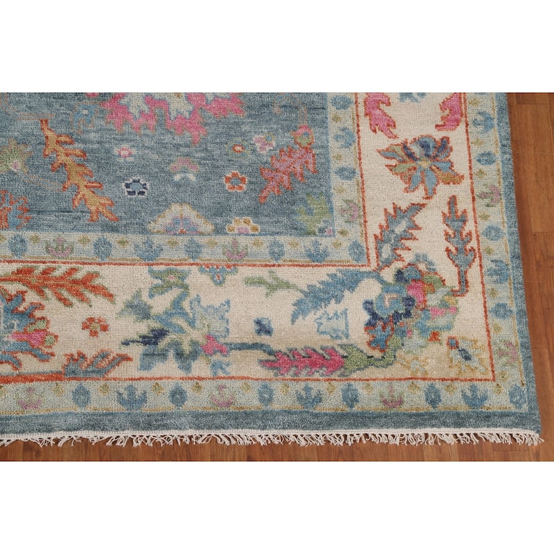 Blue Floral Oushak Oriental Area Rug Handmade Wool Carpet - 8'8"x 12'0"